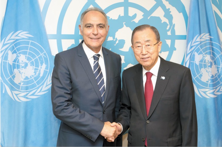 Ban Ki-moon et  Salaheddine Mezouar, le 28 septembre 2015 au siège des Nations unies.