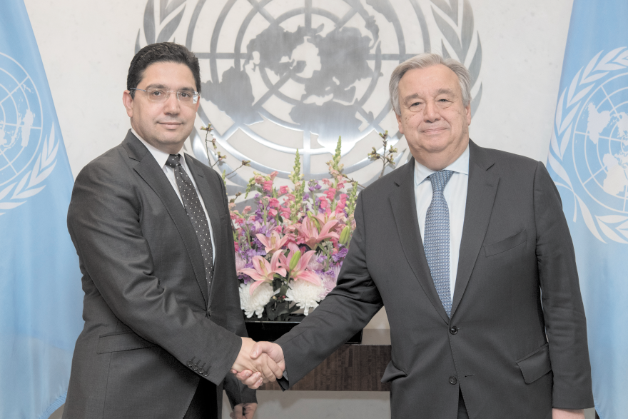 Antonio Guterres et Nasser Bourita au siège de l’ONU le 4 avril 2018.