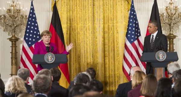 ​Angela  Merkel défend un plan de paix franco-allemand  à Washington